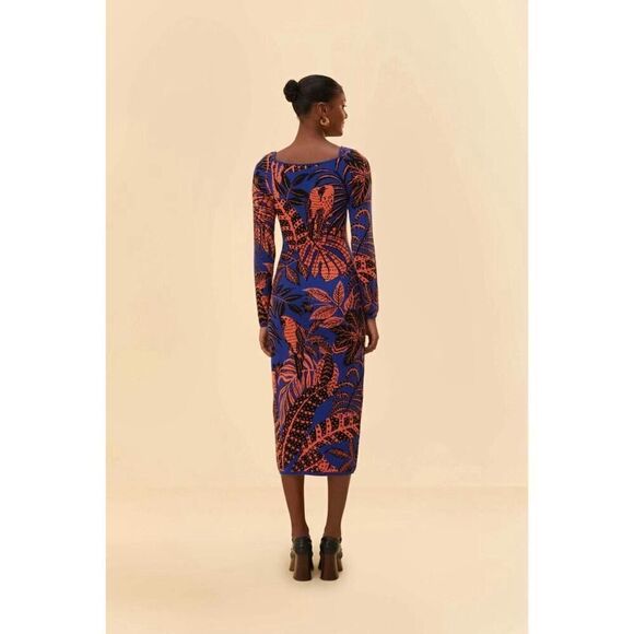 NWT FARM Rio Blue Tropical Gold Long Sleeve Dress Midi XS - Picture 4 of 8